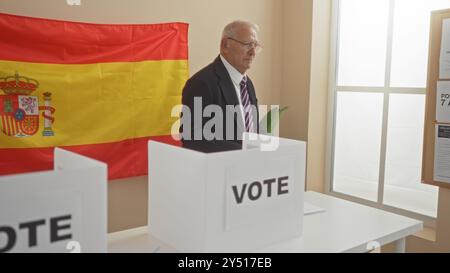 Un homme caucasien âgé aux cheveux gris est vu à l'intérieur, votant dans un collège électoral en espagne avec un drapeau espagnol sur le mur. Banque D'Images