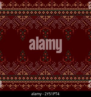 Motif de vêtements Idian point de croix marron en textiles ethniques traditionnels géométriques colorés Seamless Pixel art Patterns folk noir traditionnel Illustration de Vecteur