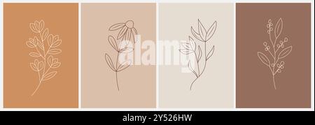 Tiny Wild Flowers One Line Drawing Print Set. Illustration de Vecteur