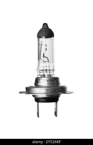 Lampe halogène pour phare de voiture, ampoule à contacts métalliques sur fond blanc isolée Banque D'Images