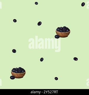 Modèle sans couture avec des olives noires et bol en bois avec des olives noires. Illustration d'aquarelle dessinée à la main sur fond vert pour papier d'emballage, texti Banque D'Images