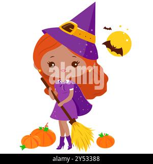 Belle sorcière d'Halloween avec balai magique balayant des feuilles de citrouille. Fête d'Halloween pour un tour ou un cadeau. Banque D'Images