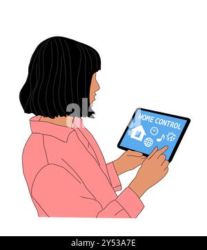 Femme utilisant le panneau de commande de la maison intelligente isolé Illustration de Vecteur
