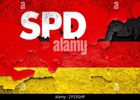 Allemagne - 20 septembre 2024 : image symbolique du crash politique du gouvernement des feux de signalisation en Allemagne. Logo du parti SPD Parti social-démocrate d'Allemagne sur un mur fissuré avec drapeau allemand. PHOTOMONTAGE *** Symbolbild zum politischen Absturz der Ampel-Regierung in Deutschland. SPD Sozialdemokratische Partei Deutschlands Parteilogo auf einer rissigen Mauer mit Deutschland Flagge. FOTOMONTAGE Banque D'Images