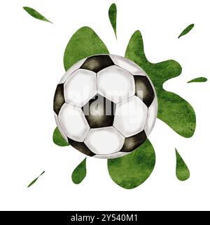 Aquarelle de ballon de football. Ballon de football et éclaboussures vertes illustration dessinée à la main isolée sur fond blanc. EQUIPEMENT sportif. Pour club de football Banque D'Images