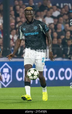 19.09.2024, Fussball : UEFA Champions League, saison 2024/2025, Spieltag 1, Feyenoord Rotterdam - Bayer 04 Leverkusen im Stadio de Kuip à Rotterdam. Victor Boniface (Bayer 04 Leverkusen, #22) AM Ball. Foto : Kirchner-Media/TH Banque D'Images