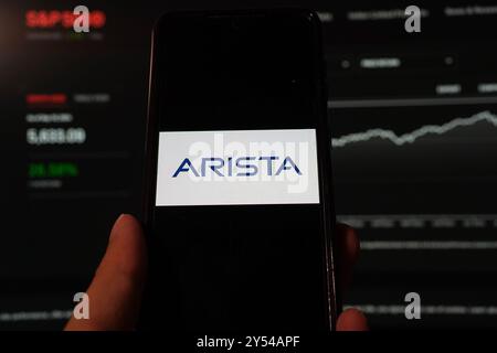 Dans cette illustration photo, le logo Arista Networks est affiché sur un smartphone avec un fond de site Web S&P index. Banque D'Images