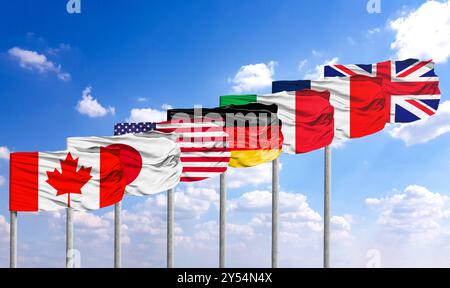 Allemagne - 20 septembre 2024 : Réunion des ministres de la culture du G7 à Naples - image symbolique avec les drapeaux nationaux des pays du G7 pour promouvoir la coopération culturelle internationale. PHOTOMONTAGE *** Treffen der G7-Kulturminister in Neapel Symbolbild mit den Nationalflaggen der G7-Staaten zur Förderung internationaler Kulturkooperation. FOTOMONTAGE Banque D'Images