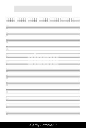 Modèle de feuille de tablature Ukulele ou guitare basse vierge (4 cordes) avec blocs d'accords pour écrire de la musique. Format A4 en mode portrait avec titre de morceau Banque D'Images