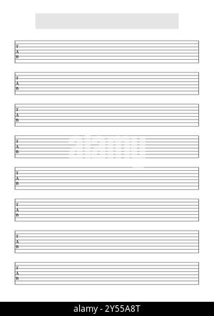 Modèle de feuille de tablature guitare vierge (8 cordes) pour écrire de la musique pour une gamme étendue pour guitariste métal et hardcore. Format A4 en mode portrait Banque D'Images