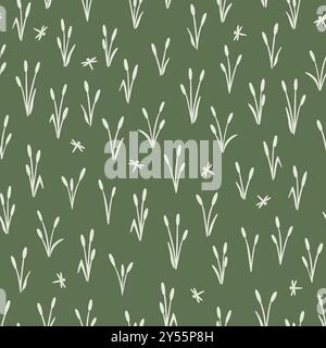Modèle vectoriel sans couture avec des libellules blanches simples et des formes de plantes sur vert forêt profond. Illustration vectorielle Illustration de Vecteur