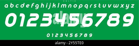 Police sportive dynamique, chiffres et lettres incurvés en gras, sans serif simplifié pour les logos sportifs, titres énergiques, marque sportive, numéros de maillot Illustration de Vecteur