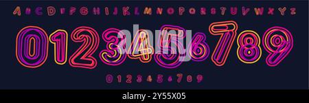 Police fluo vibrante, chiffres et lettres extérieurs ludiques, courbes énergiques caractères audacieux alphabet pour la vie nocturne, visuels de fête, marque sportive, maillot Illustration de Vecteur