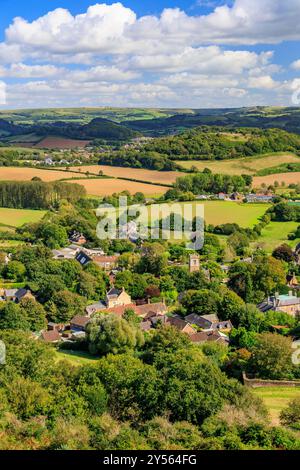 La vue du village de Symondsbury depuis le sommet de Colmer's Hill, NR Bridport, Dorset, Angleterre, Royaume-Uni Banque D'Images