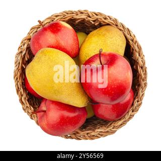 chemin du panier de poires jaunes de pommes rouges isolé sur la vue de dessus blanche Banque D'Images