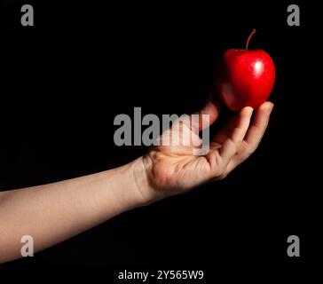 pomme rouge en main sur fond noir Banque D'Images