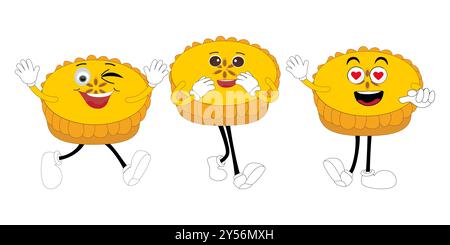 Collection de tarte à la citrouille de caractère amusant mignon, mascotte de dessin animé de gâteau avec différentes expressions. illustration vectorielle de nourriture Illustration de Vecteur