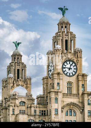 Vue rapprochée des tours d'horloge du Royal Liver Building avec cormorant Liver Birds et les plus grandes horloges du Royaume-Uni, Pier Head, Liverpool, Angleterre, Royaume-Uni Banque D'Images