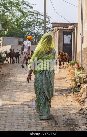 Tilora, Ajmer, Rajasthan, Inde. 9 novembre 2022. Femme en vert dans un village du Rajasthan. Banque D'Images