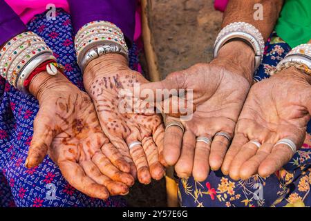 Tilora, Ajmer, Rajasthan, Inde. 9 novembre 2022. Mains de deux femmes dans un village du Rajasthan. Banque D'Images