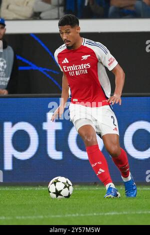 19 septembre 2024 ; Gewiss Stadium, Bergame, Italie, UEFA Champions League Football, Atalanta contre Arsenal ; William Saliba d'Arsenal FC Banque D'Images