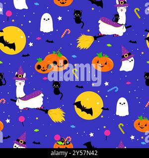 Fond de lama d'Halloween. Motif sans couture. Jolie décoration sans couture d'Halloween avec lamas de sorcière, chats et citrouille Jack o lanternes. Banque D'Images