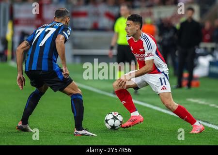 Gabriel Martinelli de l'Arsenal FC vu en action lors du match de football UEFA Champions League 2024/25 phase - Matchday1 entre Atalanta BC et Arsenal FC au Gewiss Stadium Banque D'Images