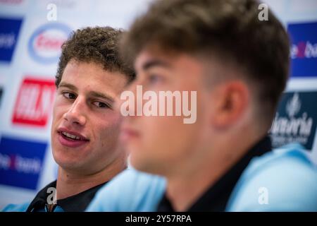 Wetzikon, Suisse. 20 septembre 2024. Le belge Alec Segaert de Lotto Dstny s'entretient avec la presse lors d'une conférence de presse de l'équipe belge avant la course contre la montre de dimanche aux Championnats du monde sur route et para-cyclisme 2024 UCI, vendredi 20 septembre 2024, à Wetzikon, Suisse. Les mondiaux se déroulent du 21 au 29 septembre à Zurich, en Suisse. BELGA PHOTO JASPER JACOBS crédit : Belga News Agency/Alamy Live News Banque D'Images