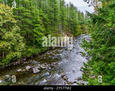 Vue de la rivière Snoqualmie depuis un drone à North Bend, Washington. Banque D'Images