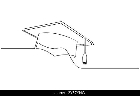 Dessin d'art à une ligne de chapeau continu du vecteur de contour de concept de chapeau de graduation, icône de ligne unique de graduation Illustration de Vecteur