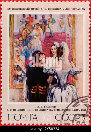 Photo d'un timbre-poste russe de 16 Kopek avec peinture Pouchkine avec sa femme à un bal par Nikolai Ulyanov centenaires de naissance de la série des peintres soviétiques Banque D'Images