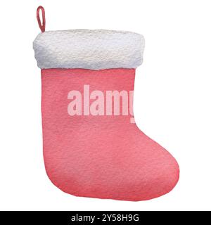 Chaussette de Noël rouge, peinture à l'aquarelle, isolé sur fond blanc. Croquis d'illustration dessiné à la main pour la conception, la décoration, les cartes et les projets d'art, Chris Banque D'Images