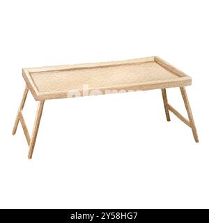 Table de plateau de lit pliant en bois avec pieds pliables pour servir le petit déjeuner au lit ou travailler à la maison, illustration aquarelle isolée sur un dos blanc Banque D'Images