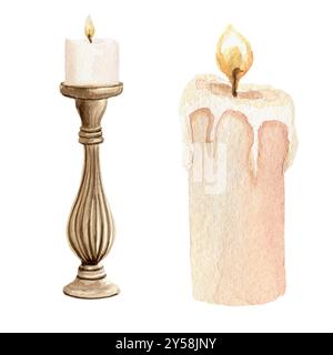 Bougie allumée sur un chandelier et une seule bougie. Deux bougies de formes différentes, illustration pour un intérieur confortable. Aquarelle illustration dessinée à la main Banque D'Images