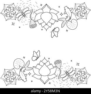 Fond vectoriel de luxe avec fleur de lotus, feuilles et bourgeons. Élégant papier peint floral dans un style linéaire minimaliste. Design élégant pour le tissu, l'impression, Illustration de Vecteur