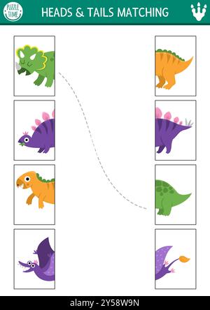 Dinosaure connecter la feuille de travail des moitiés. Jeu de correspondance de terre de dinos préhistorique pour les enfants d'âge préscolaire avec des animaux anciens. Allumez les têtes et les queues Illustration de Vecteur