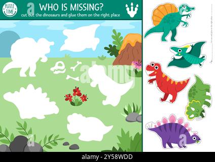 Activité de coupe et de colle de dinosaure vecteur. Jeu d'artisanat avec paysage du monde préhistorique. Feuille de travail imprimable. Trouvez la bonne pièce de puzzle. Pictu complet Illustration de Vecteur