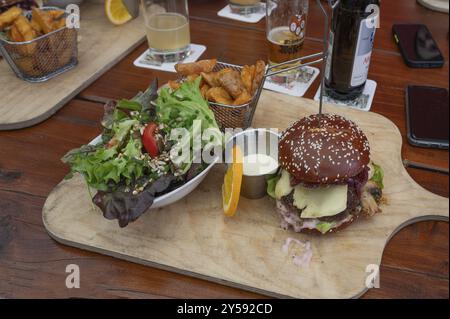 Hamburger végétarien avec frites et salade servi sur une planche de bois, Bavière, Allemagne, Europe Banque D'Images