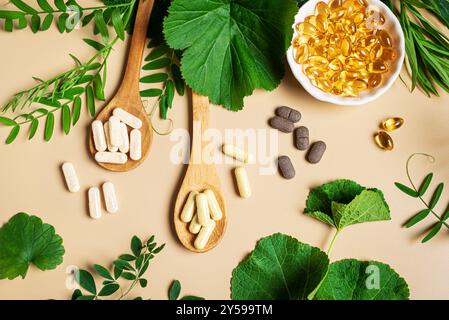 Vitamines naturelles, suppléments à base de plantes et feuilles vertes sur fond beige, vue de dessus. Diverses capsules biologiques végétaliennes et pilules à base de plantes. Banque D'Images