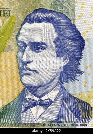 Mihai Eminescu sur le billet de 1000 Lei 1998 de Roumanie. Poète romantique, romancier et journaliste, considéré comme le poète roumain le plus célèbre Banque D'Images