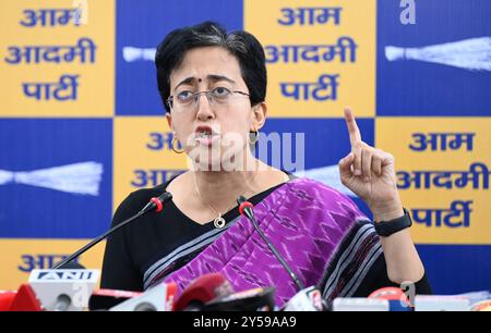 New Delhi, Inde. 20 septembre 2024. NEW DELHI, INDE - 20 SEPTEMBRE : le ministre du Cabinet de Delhi et désigné M. Atishi de Delhi s'adressant à une conférence de presse au Pt. Ravi Shankar Shukla Lane le 20 septembre 2024 à New Delhi, Inde. (Photo de Sonu Mehta/Hindustan Times/Sipa USA ) crédit : Sipa USA/Alamy Live News Banque D'Images