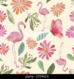 Illustration de motif aquarelle sans couture avec des papillons, flamants roses, fleurs et feuilles sur fond jaune Banque D'Images