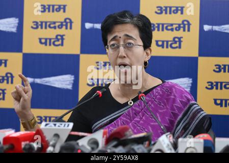 New Delhi, Inde. 20 septembre 2024. NEW DELHI, INDE - 20 SEPTEMBRE : le ministre du Cabinet de Delhi et désigné M. Atishi de Delhi s'adressant à une conférence de presse au Pt. Ravi Shankar Shukla Lane le 20 septembre 2024 à New Delhi, Inde. (Photo de Sonu Mehta/Hindustan Times/Sipa USA ) crédit : Sipa USA/Alamy Live News Banque D'Images