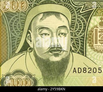 Genghis Khan (1162-1227) sur le billet de 500 Tugrik 1997 de Mongolie. Fondateur, souverain et empereur de l'Empire mongol qui est devenu le plus grand contigu Banque D'Images