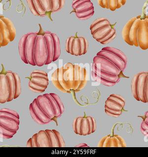 Citrouilles aquarelles dessinées à la main orange et rose sur gris, motif de surface répétitif sans couture Banque D'Images