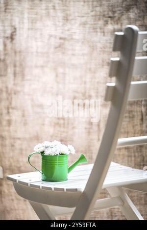 Bouquet de marguerites blanches dans un arrosoir vert sur une chaise en bois blanc devant une fenêtre avec des rideaux de jute, dans un style rustique Banque D'Images