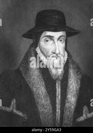 John Foxe (1517-1587) sur gravure de 1844. Historien et martyrologue anglais. Publié par J. Tallis & Co Banque D'Images