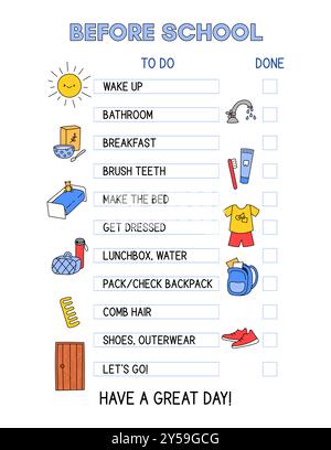 Modèle de liste de vérification de la routine du matin. Graphique pour les enfants avant l'école. Liste des tâches quotidiennes du matin pour les enfants, préparation à la journée d'école, organisateur de temps. Co Illustration de Vecteur