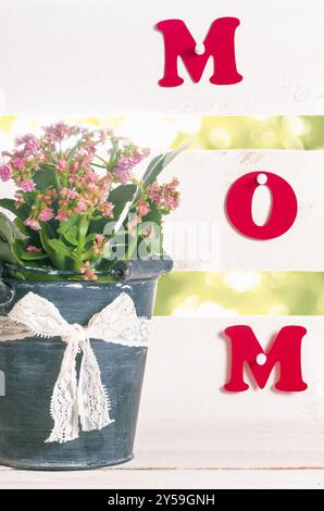 Le mot MOM écrit avec des lettres de papier rouge et épinglé à une clôture blanche et des fleurs dans un pot de fleurs en forme de seau, avec un ruban de dentelle et un noeud Banque D'Images