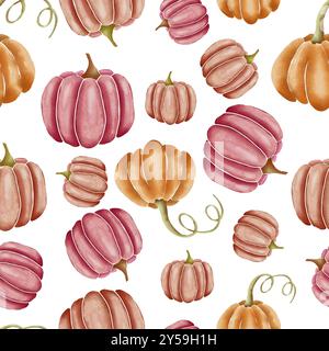 Citrouilles aquarelles dessinées à la main orange et rose sur un motif de surface répétitif blanc et sans couture Banque D'Images